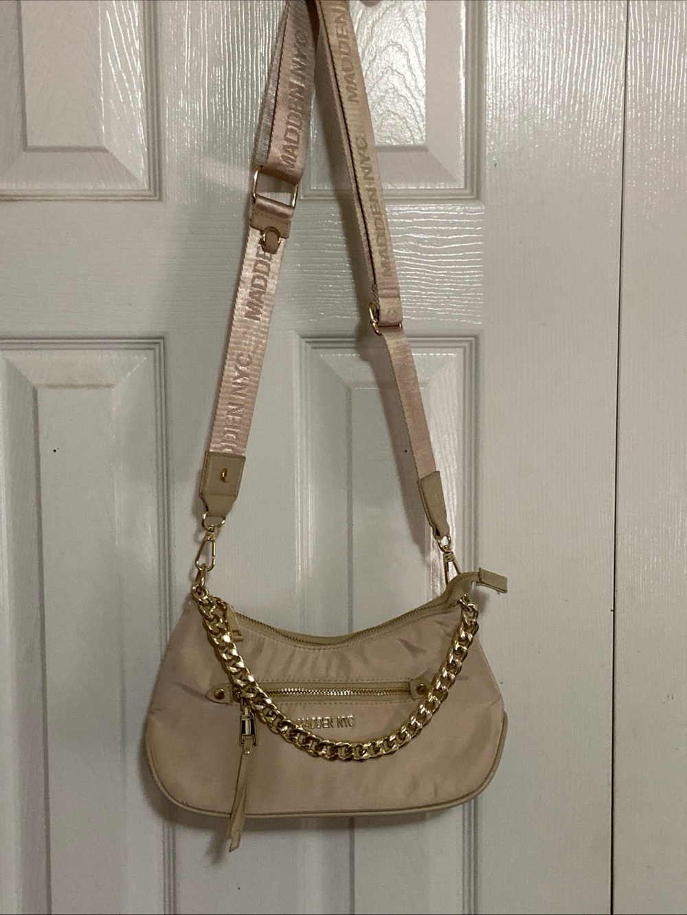Madden Girl Beige Crossbody Bag with Gold Chain and Branded Strap